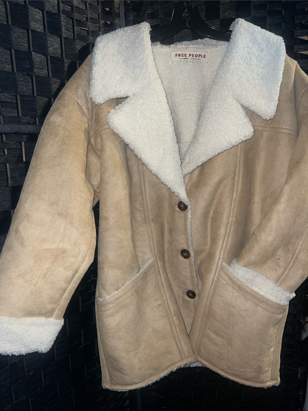 Free People Tan Suede Teddy-Lined Coat with Cream Sherpa size M